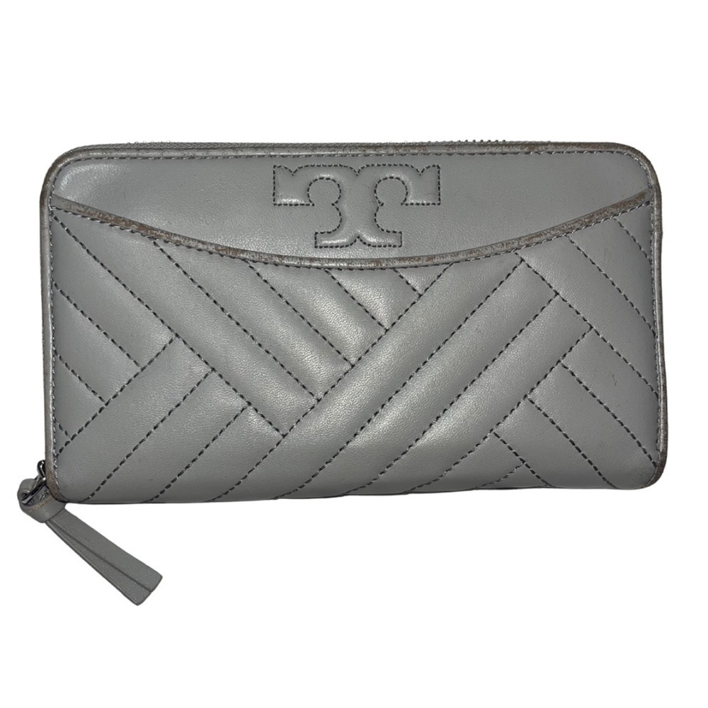 Tory Burch Alexa Zip Continental Wallet Grey Quilted Leather